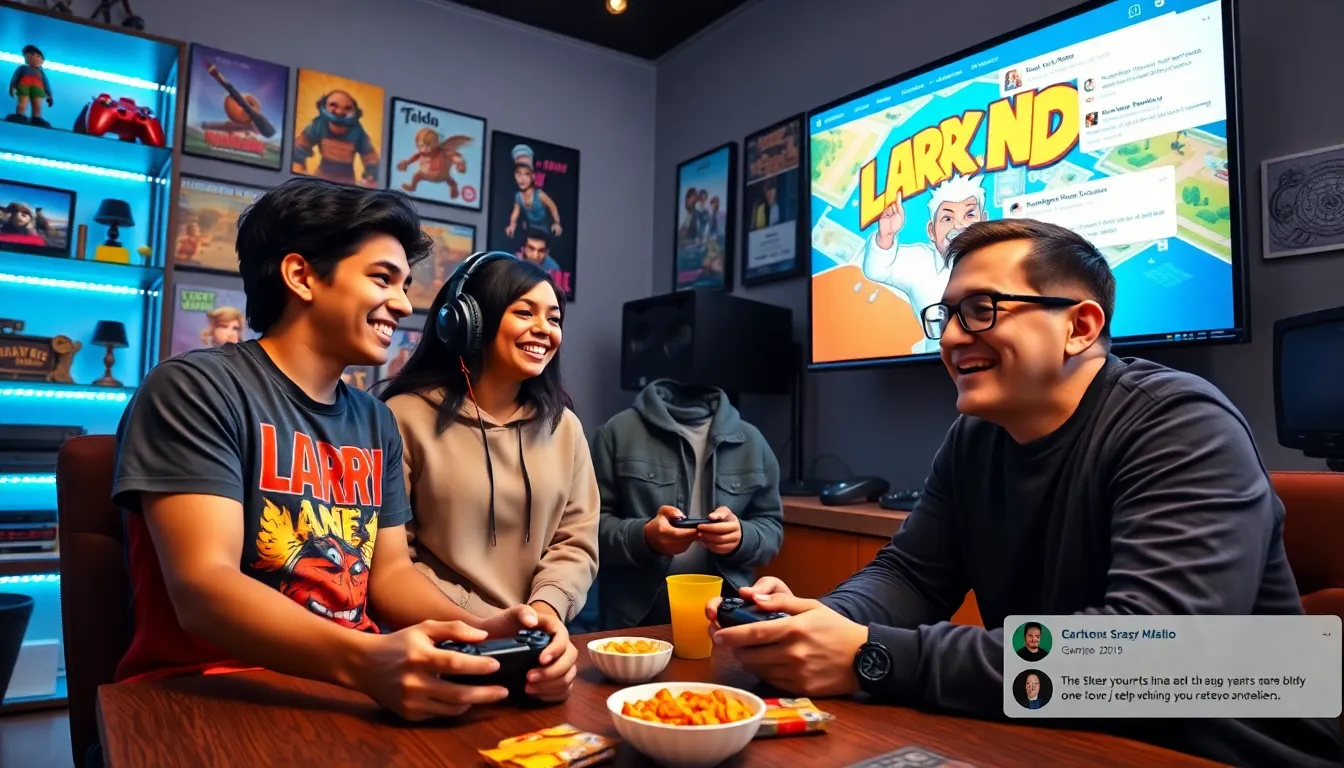 a diverse group of gamers enjoying 'Larry Nando' in a cozy gaming room.