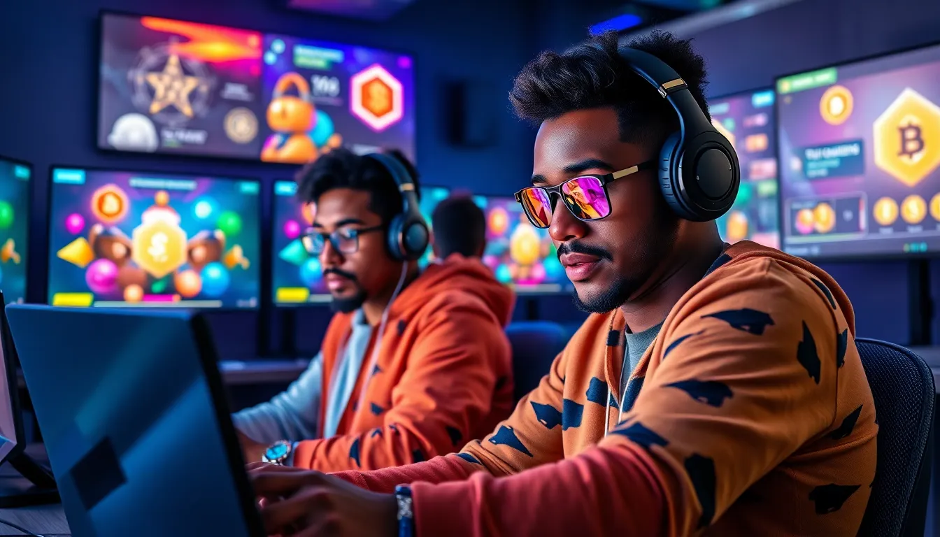 gamers in a studio discussing cryptocurrency and gaming assets.