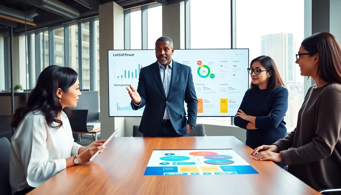 professionals collaborating on a tech platform in a modern office.