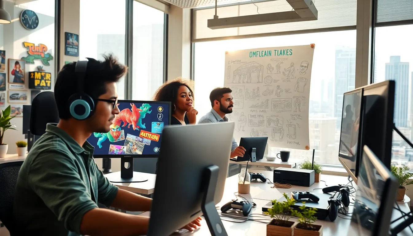 a diverse team of video game developers collaborating in a bright office.