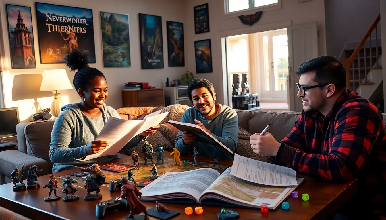 a diverse group of gamers enjoying a Neverwinter tabletop session in a cozy living room.